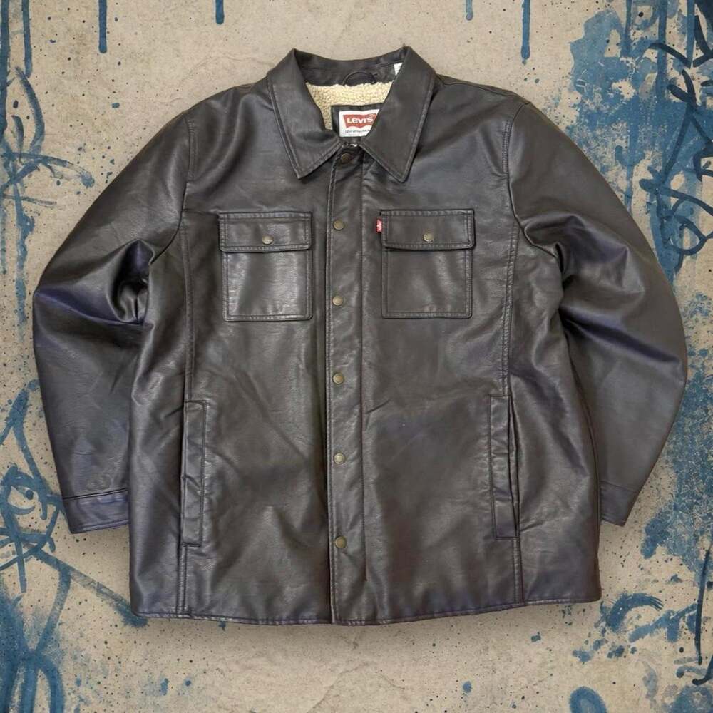 Levi’s Mens XL Brown Faux Leather Sherpa Lined Trucker Jacket Western Coat